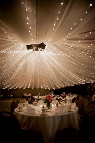 stunning mesh and lights ceiling set up with formal table arrangement